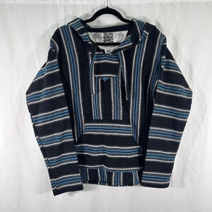 Original Senor Lopez Poncho Mens Medium Black Striped Hooded Drawstring